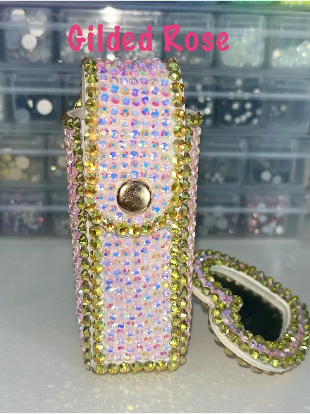 Hand Crafted Gilded Rose Crystal Rhinestone Lipstick Case and Mirror Keychain